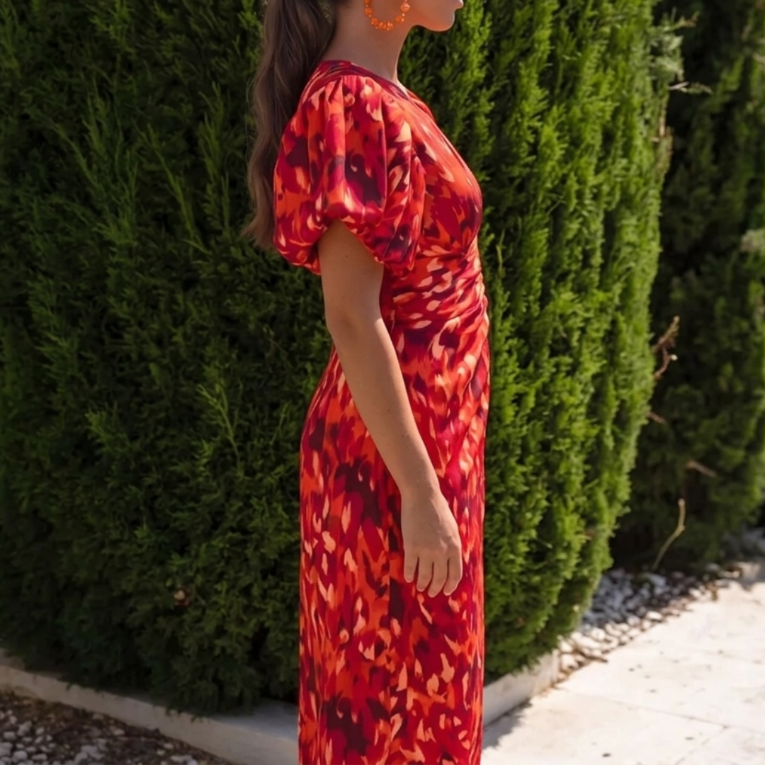 Robe Fiamma rouge imprimé floral, vue de trois quarts dos