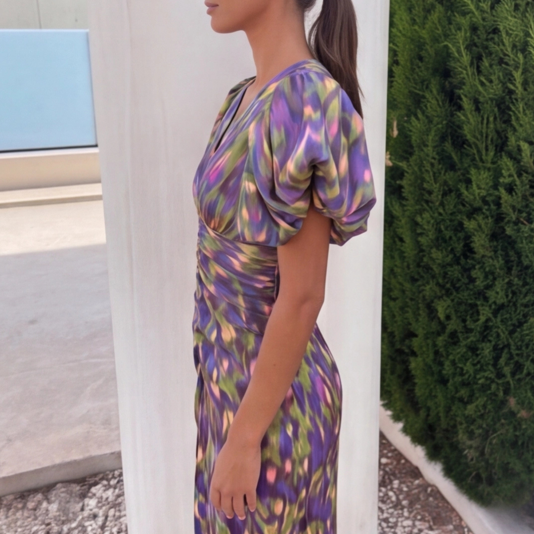 Robe Fiamma violet imprimé fleuri, détail manches bouffantes