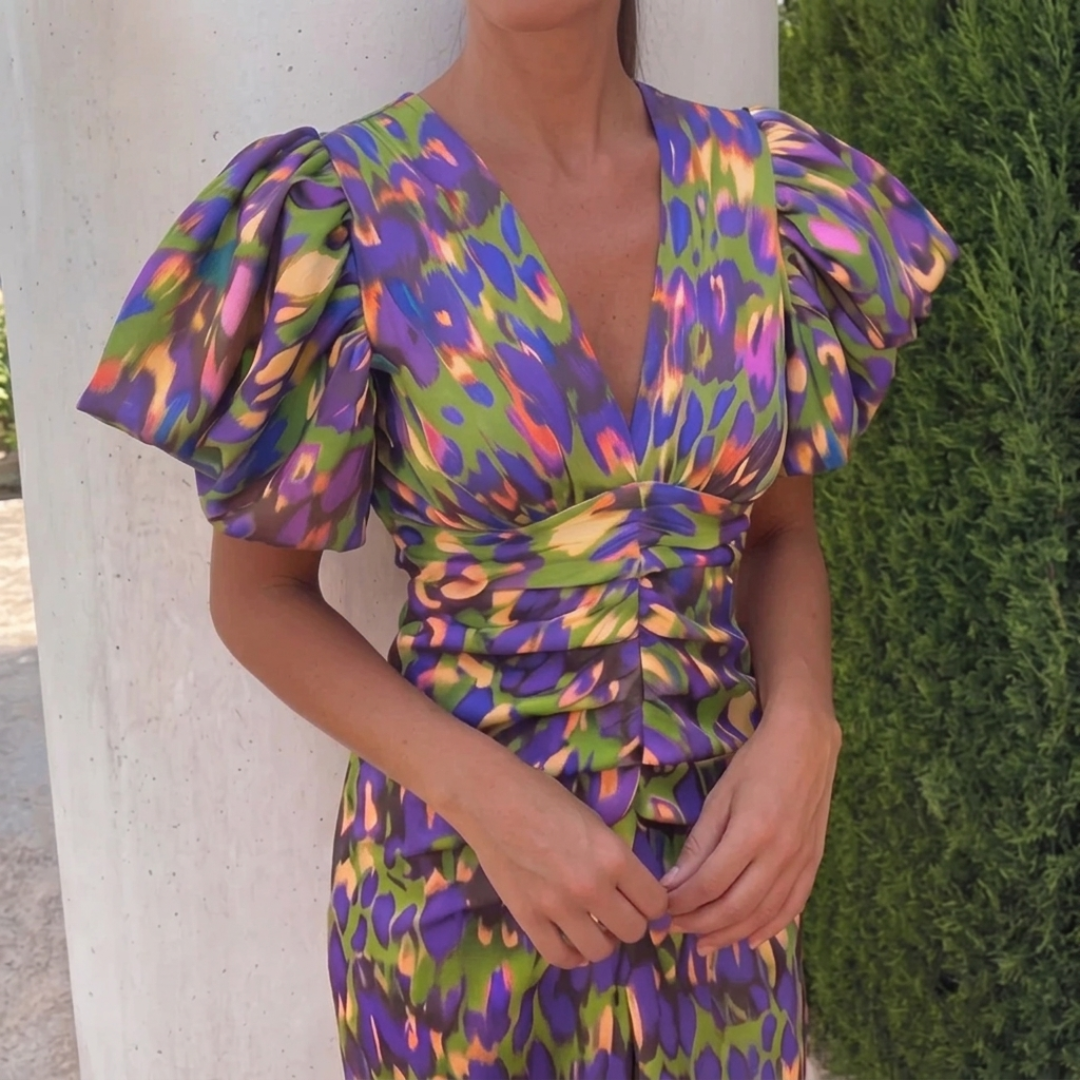 Robe midi Fiamma violet, vue de dos coupe ajustée