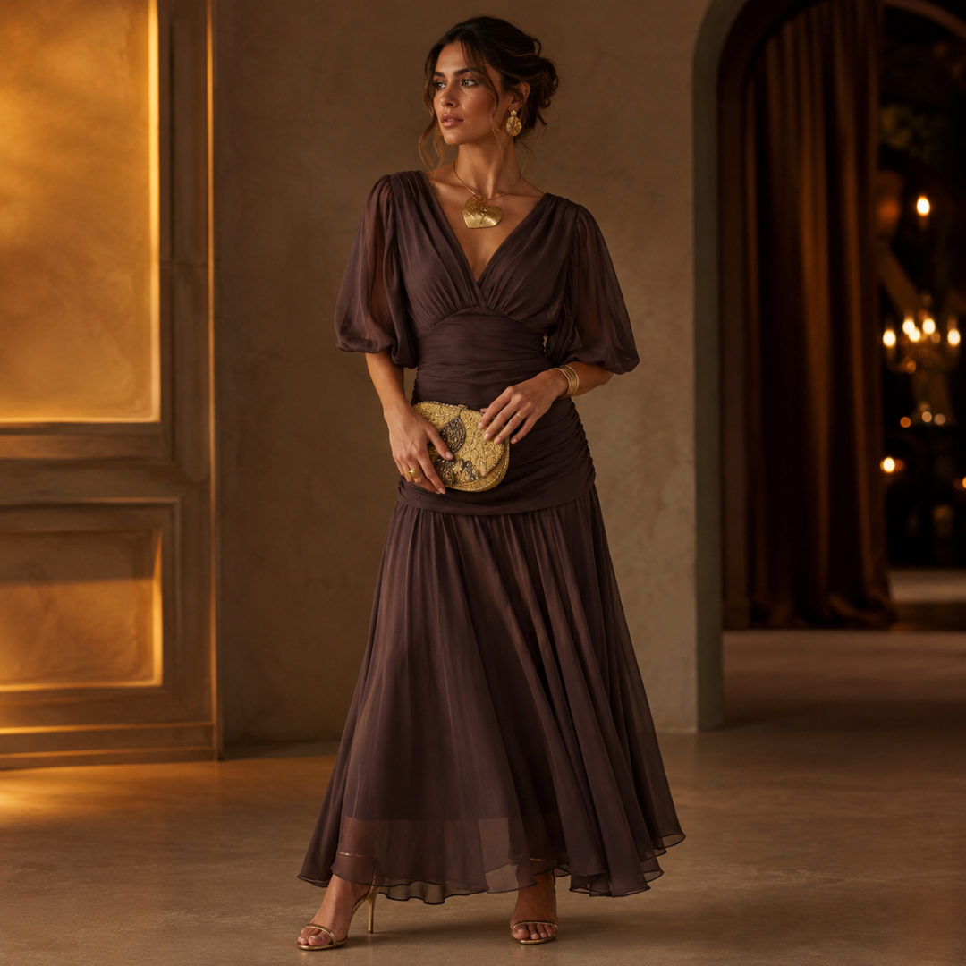 Robe midi femme marron col V, tissu vaporeux et manches ballon