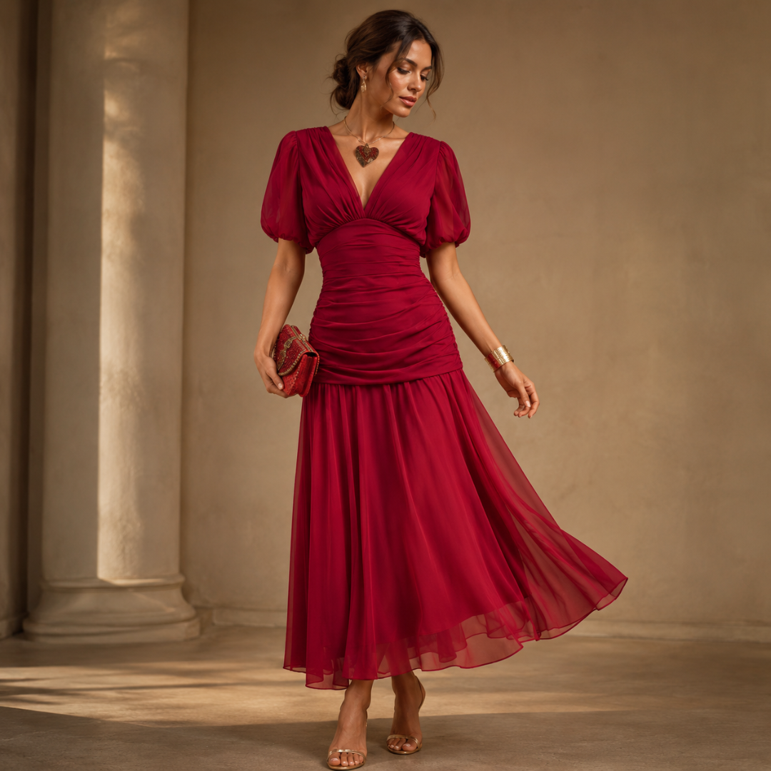 Robe midi femme rouge col V, taille froncée et jupe volumineuse