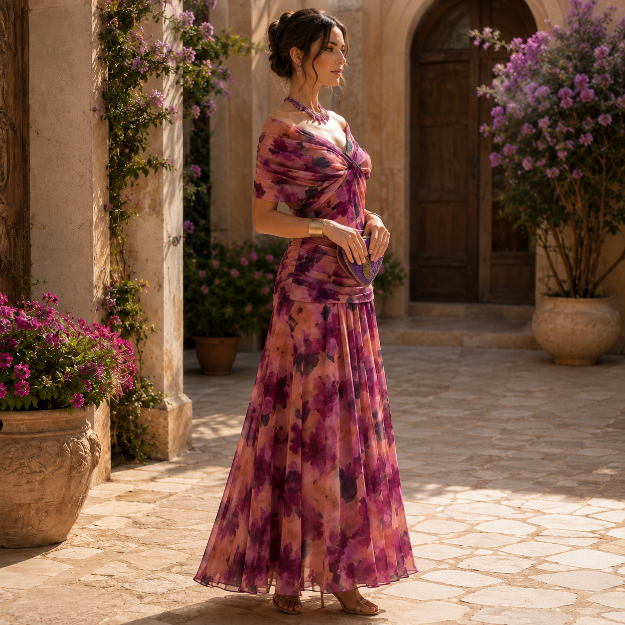 Robe midi femme à fleurs violettes, silhouette évasée en pied