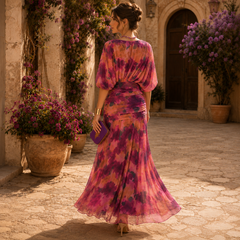 Robe midi femme violette, détail manches bouffantes et taille froncée