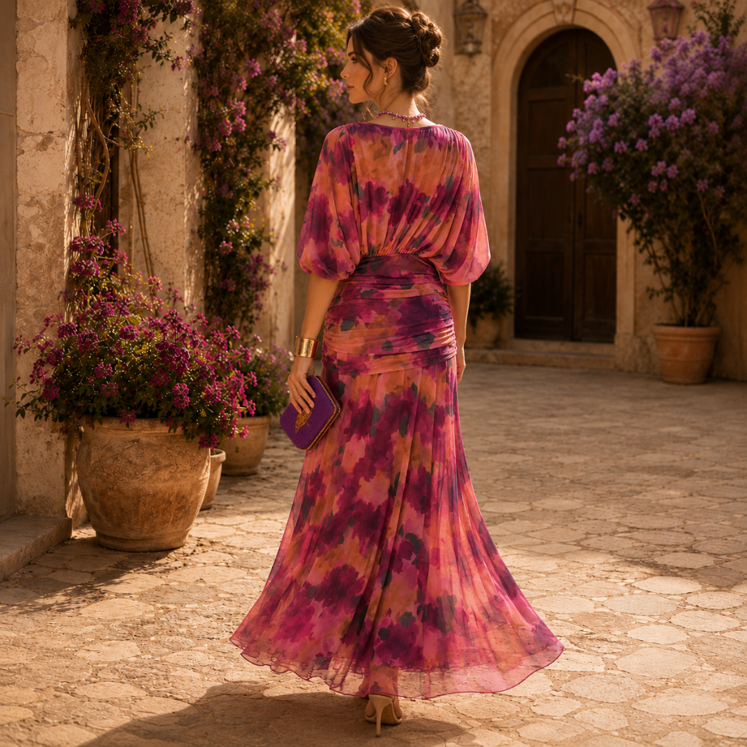 Robe midi femme violette, détail manches bouffantes et taille froncée