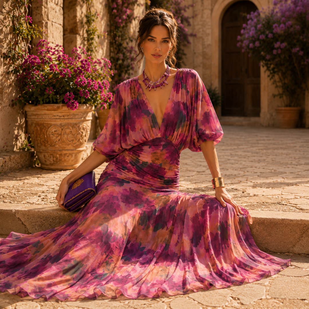 Robe midi floral violet, vue dos ou angle latéral, jupe évasée avec volant

