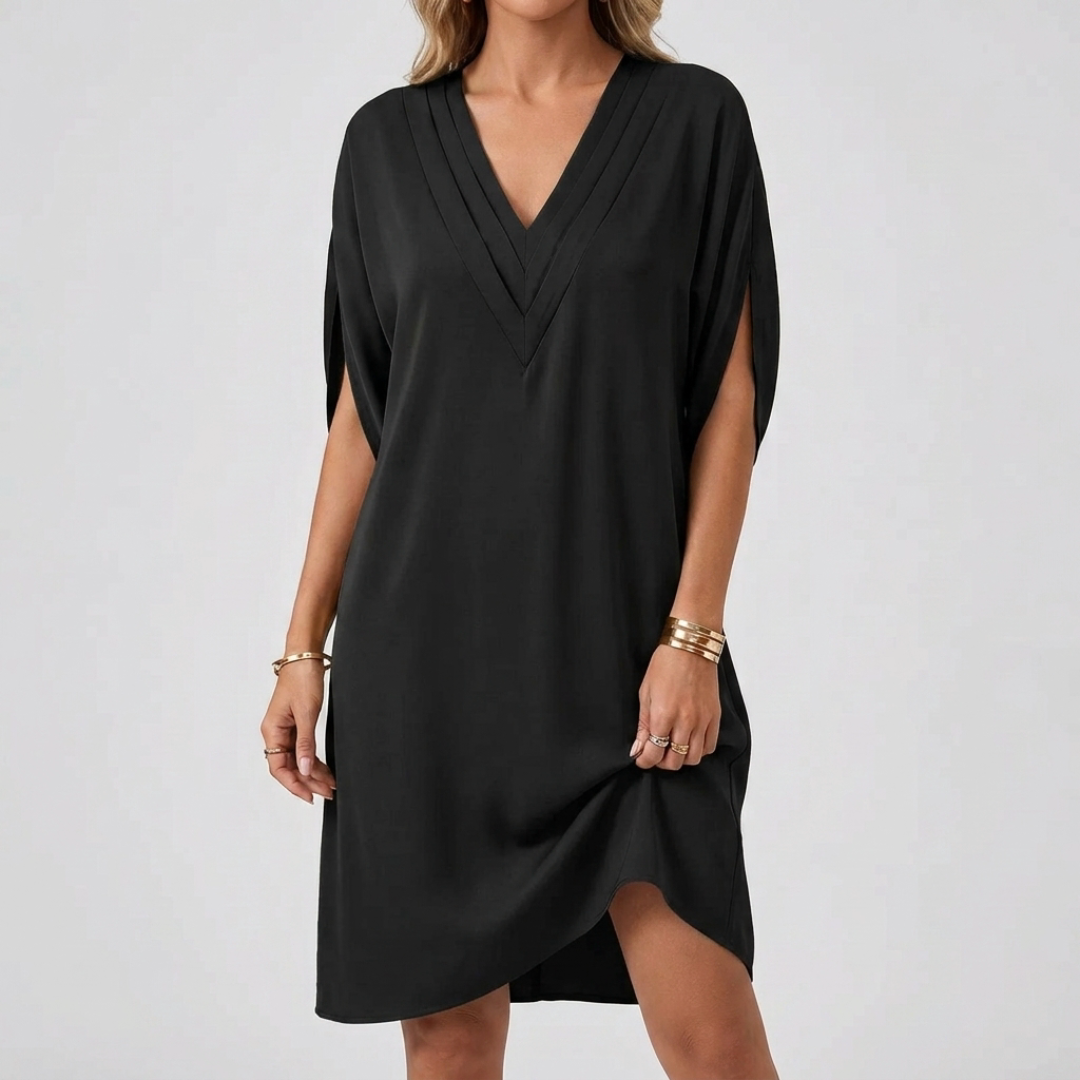 Robe femme midi col V manches chauve-souris coloris noir