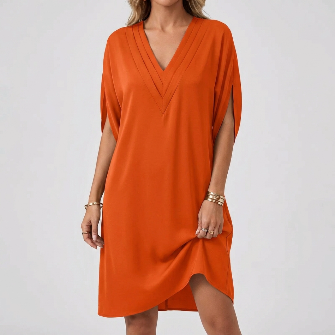 Robe femme midi col V manches fendues coloris orange