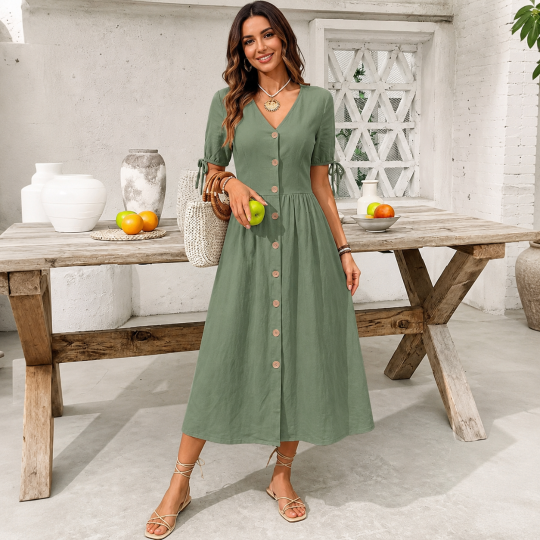 Robe midi femme verte à col V et boutons, taille cintrée, portée debout