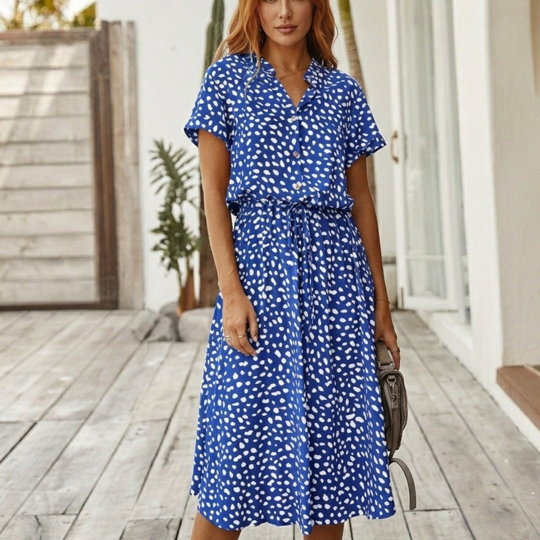 Robe midi femme imprimé fleuri bleu col en V manches courtes vue de face