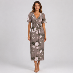 Robe midi beige taupe à imprimé de roses, col V et ceinture nouée