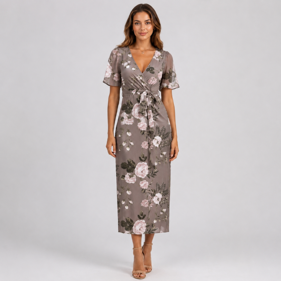 Robe midi beige taupe à imprimé de roses, col V et ceinture nouée