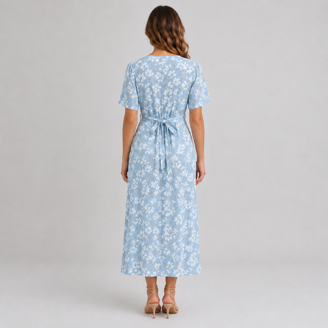 Robe midi bleu clair fleurie vue de dos avec ceinture nouée