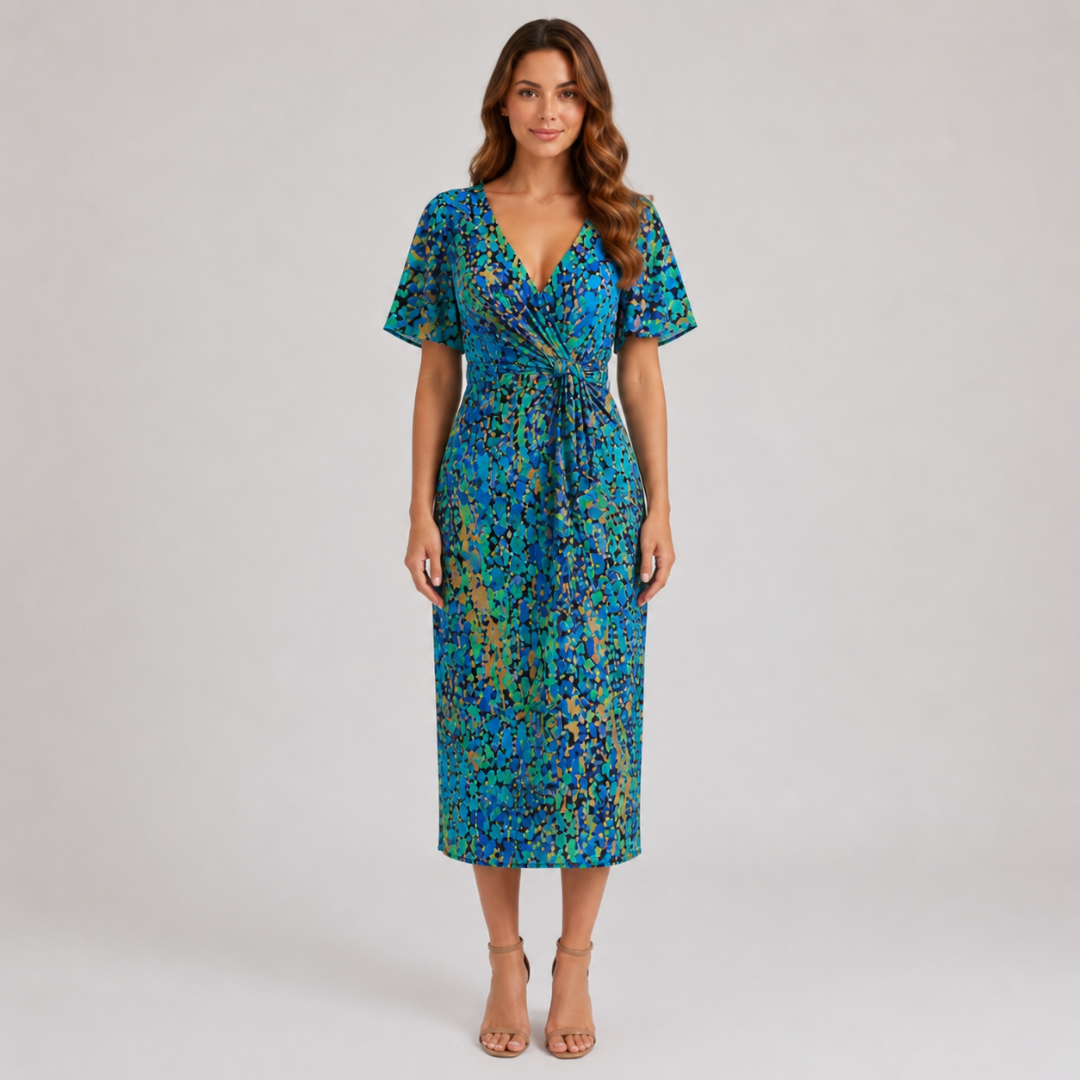 Robe midi bleue à imprimé multicolore, col V et taille torsadée