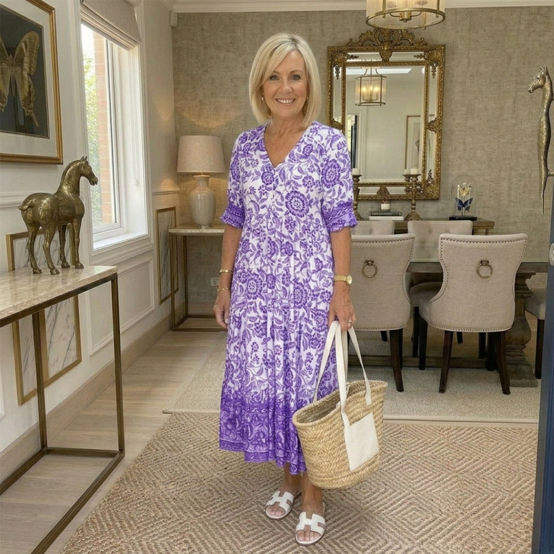 Robe midi florale violet lavande col V manches courtes