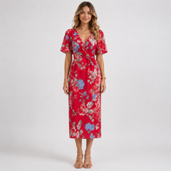 Robe midi rouge à grandes fleurs, col V et détail noué à la taille