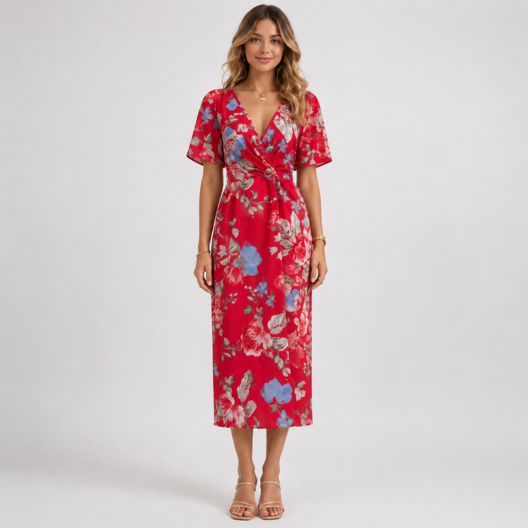 Robe midi rouge à grandes fleurs, col V et détail noué à la taille