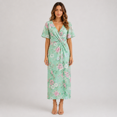 Robe midi vert clair à fleurs roses, col V et taille nouée