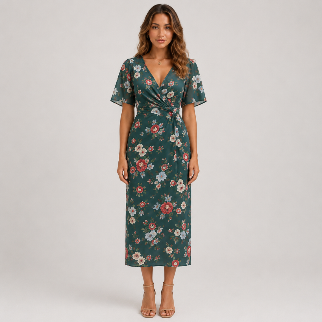 Robe midi vert foncé à imprimé floral, col V et taille froncée