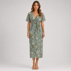 Robe midi vert sauge fleurie, col V et taille torsadée