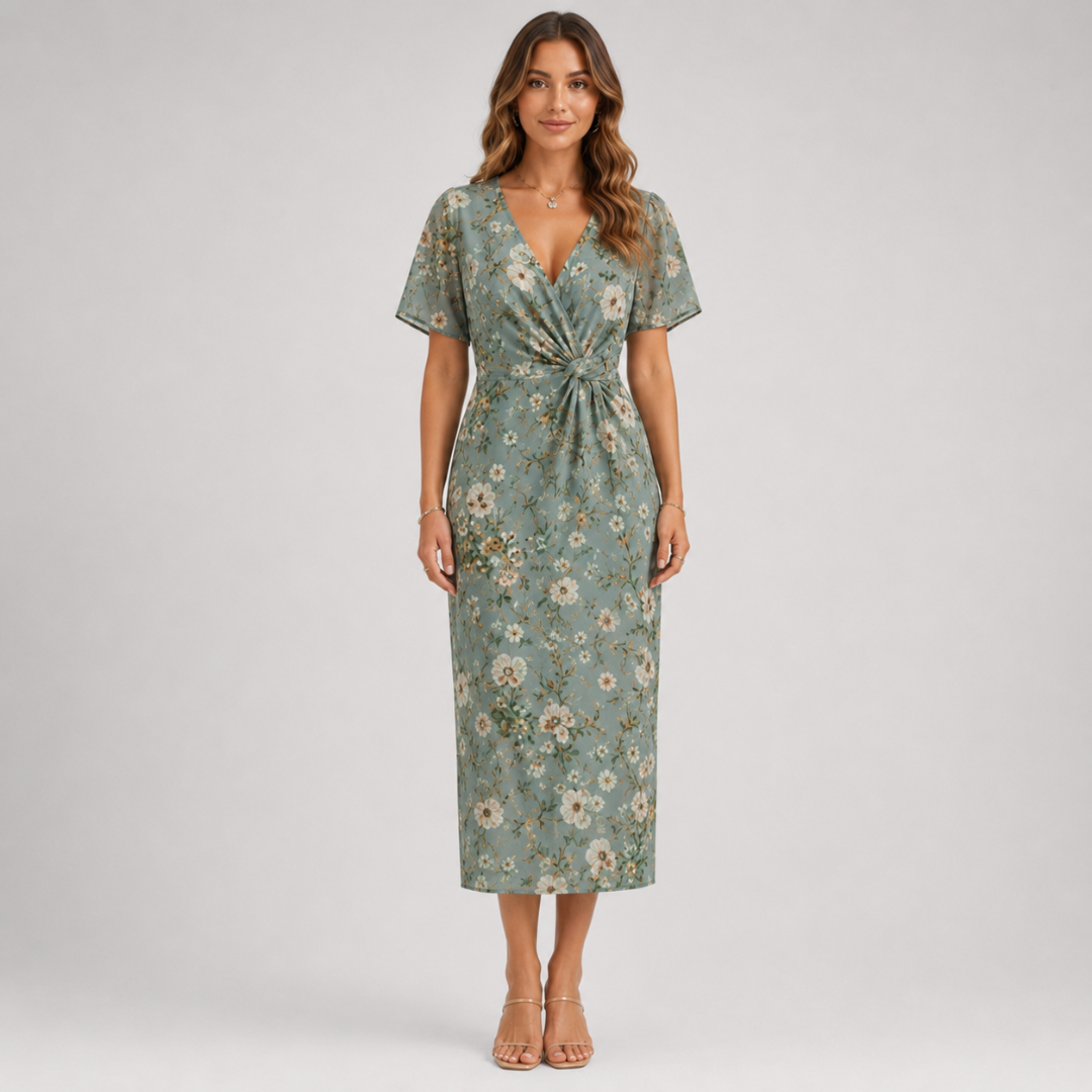 Robe midi vert sauge fleurie, col V et taille torsadée