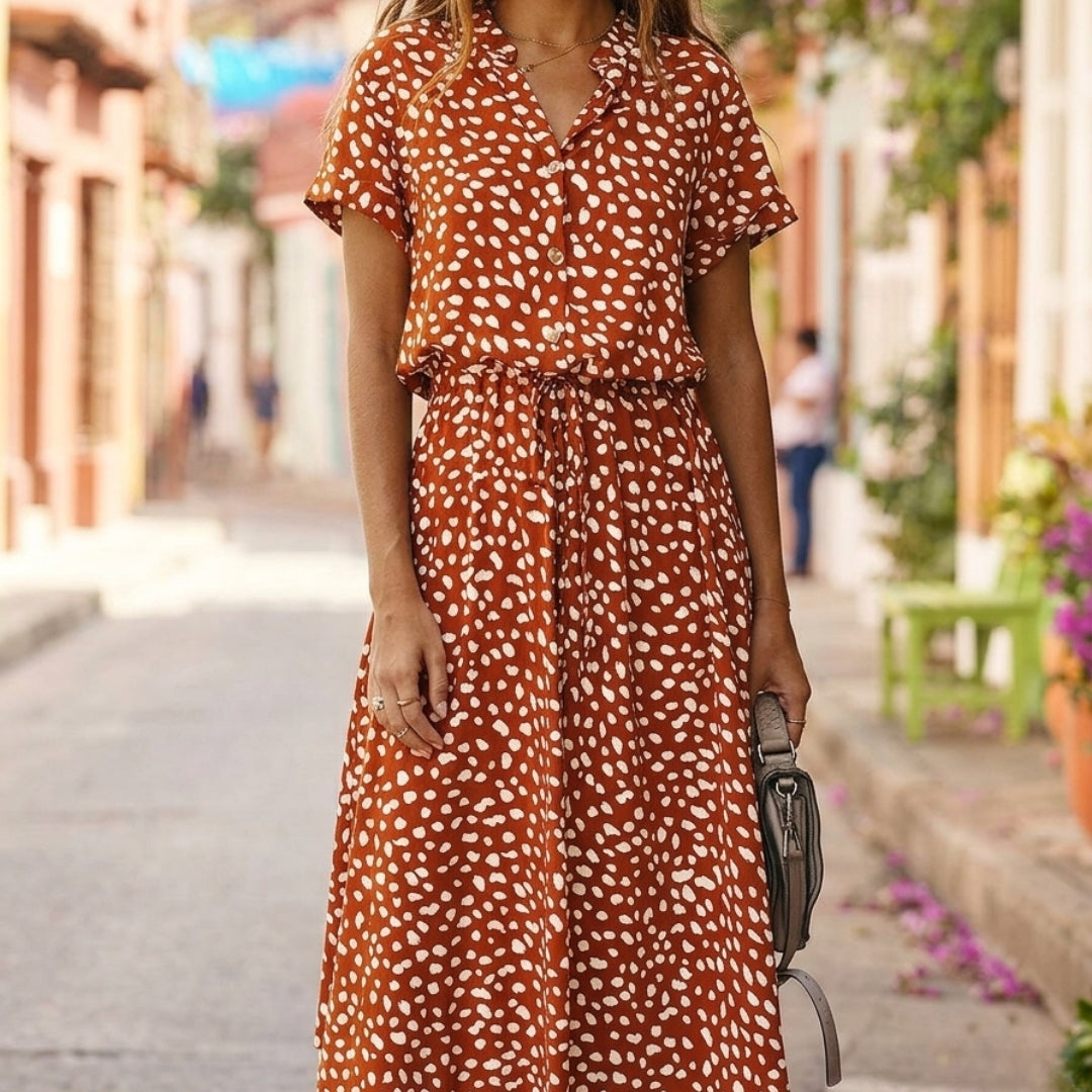 Robe midi marron à imprimé léopard ceinture à nouer col en V vue de face
