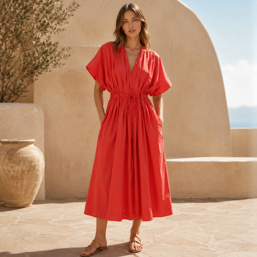 Robe midi orange corail à col V, ceinture cordon et plis souples