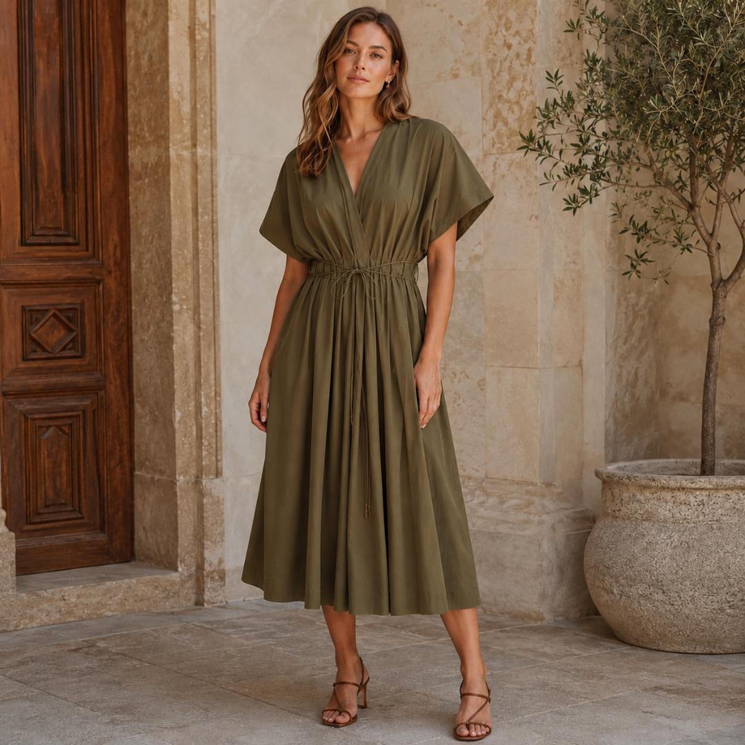 Robe midi verte olive, manches courtes amples et cordon noué à la taille