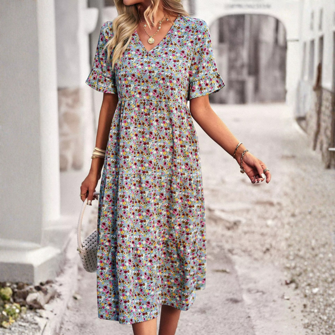 Robe midi col V imprimé fleuri coloris bleu roi, manches courtes volantées