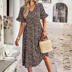 Robe midi col V imprimé fleuri coloris noir, manches volantées