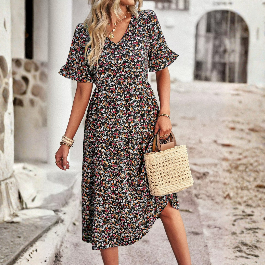 Robe midi col V imprimé fleuri coloris noir, manches volantées