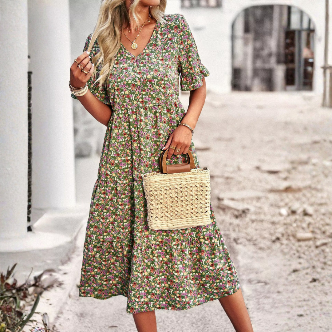 Robe bohème verte à motif floral, vue de dos, longueur mi-mollet