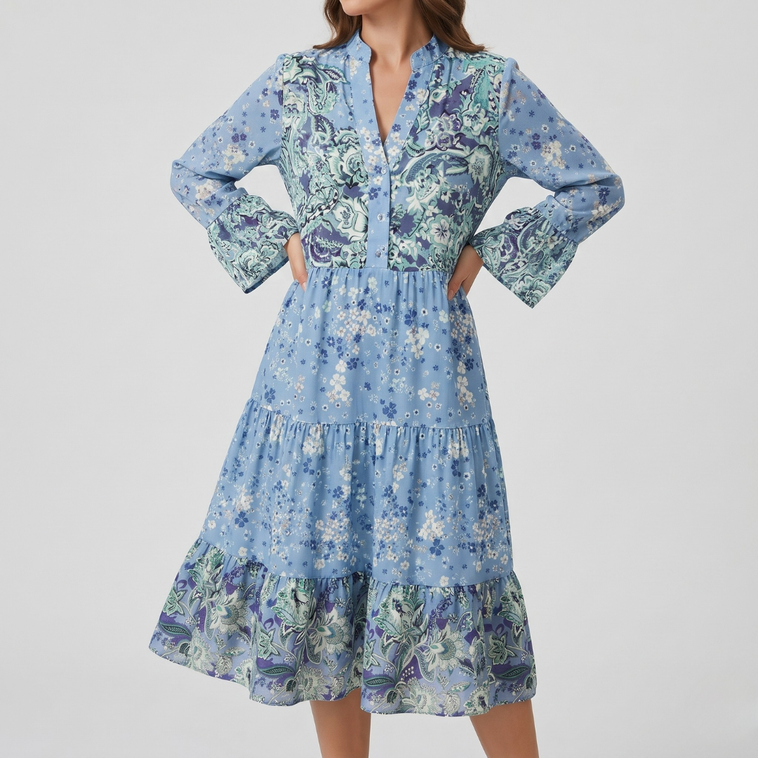 Robe midi florale bleue col en V manches longues évasées vue de face