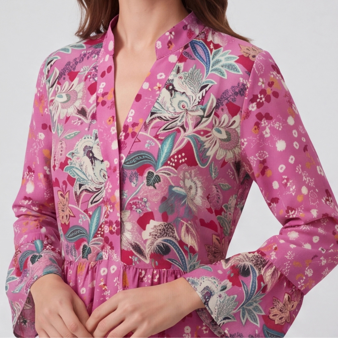 Robe midi rose imprimé floral bohème vue de côté