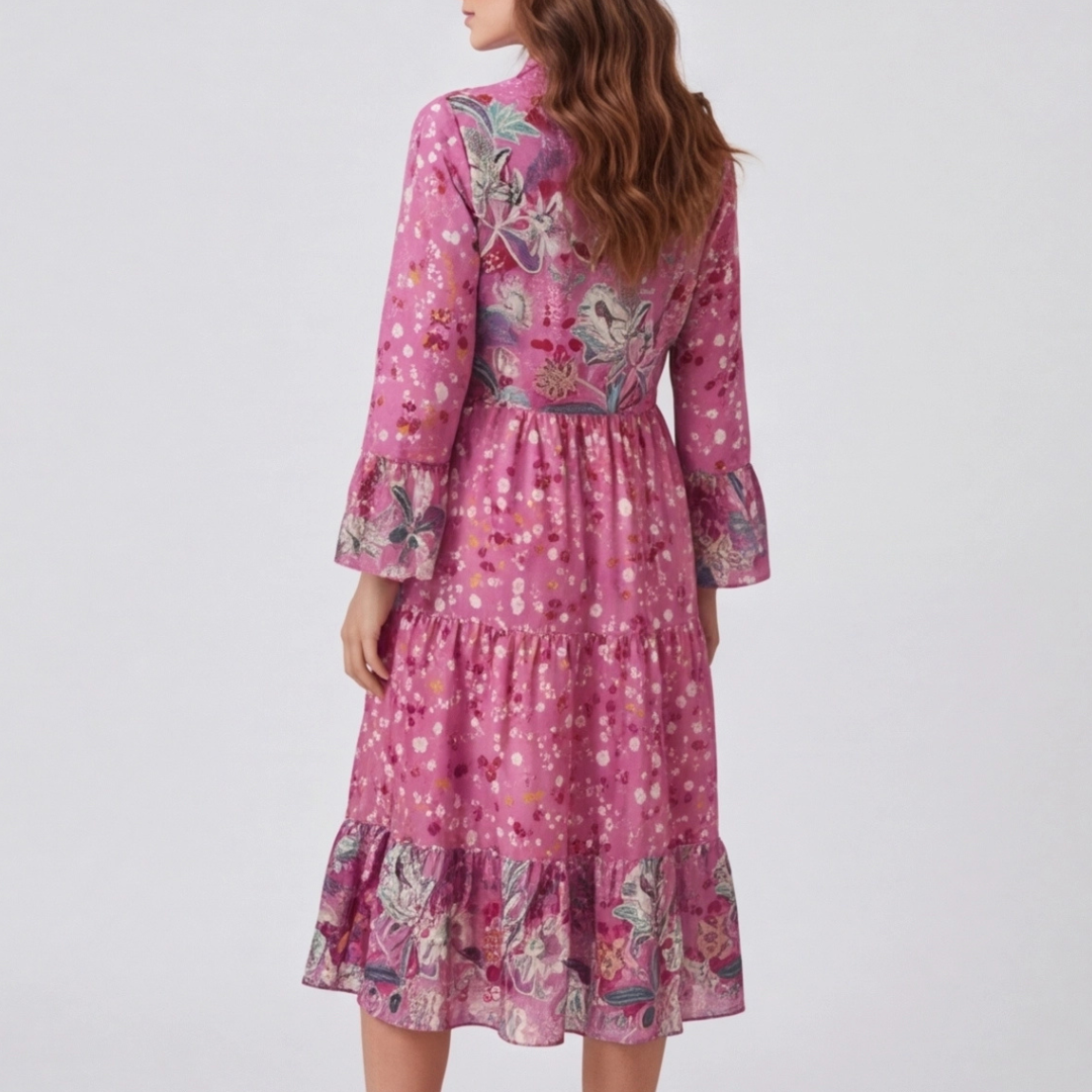 Détail bas de robe florale rose volants en cascade