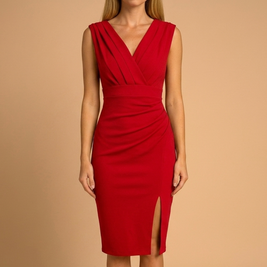 Robe midi rouge col V sans manches coupe sculptante
