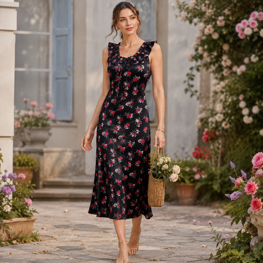 Robe midi femme fleurie portée en extérieur, jupe évasée et taille marquée