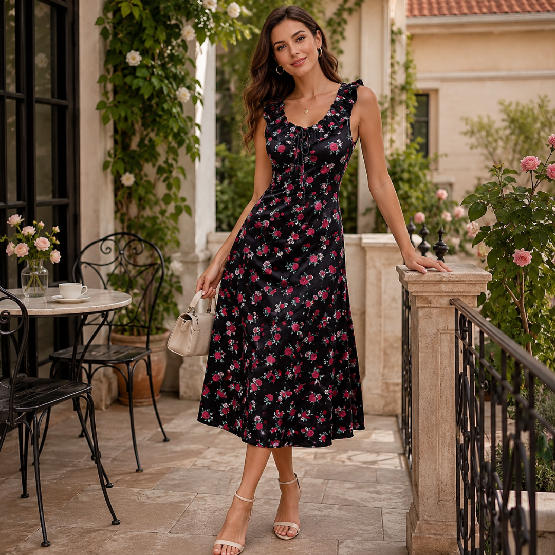 Robe midi fleurie noire portée en terrasse, encolure à volant et lien noué