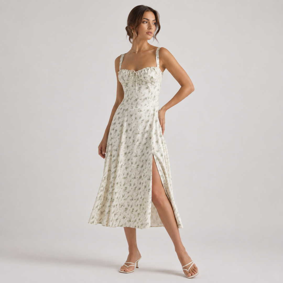 Robe midi blanche à imprimé floral vert, bustier corset et fente latérale