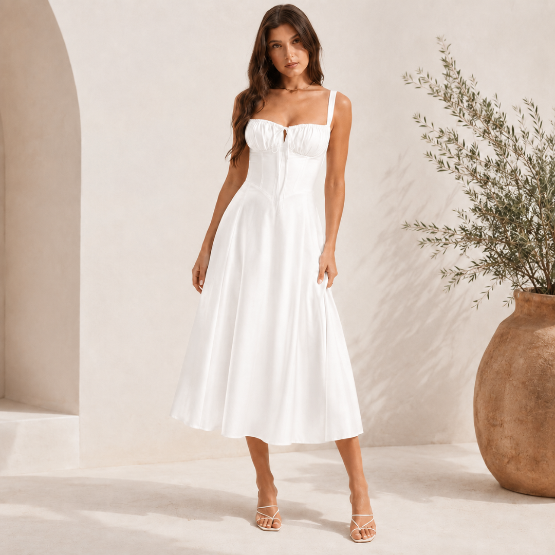 Robe midi blanche unie à bustier corset et jupe évasée fluide