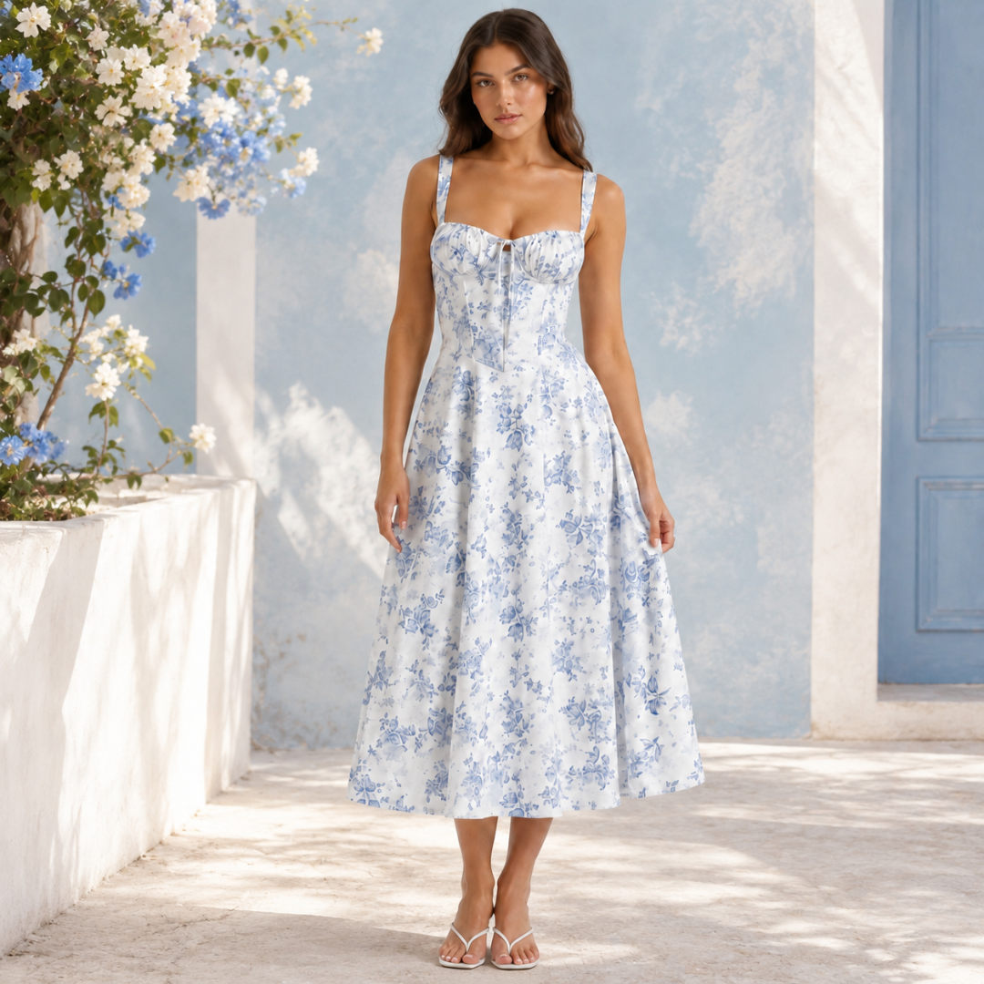 Robe midi à imprimé floral bleu sur fond blanc, bustier corset ajusté