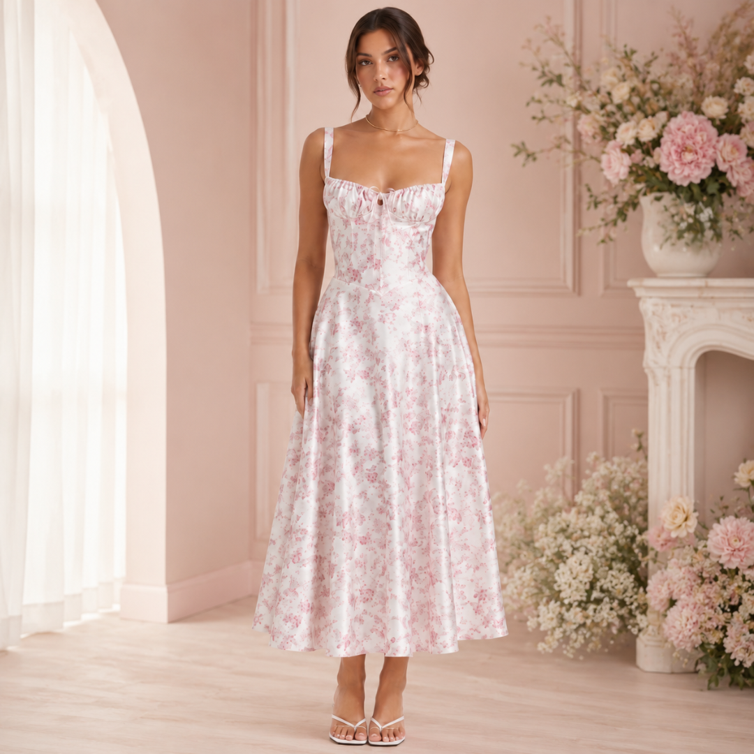 Robe midi blanche à fleurs roses, bustier corset et jupe évasée romantique