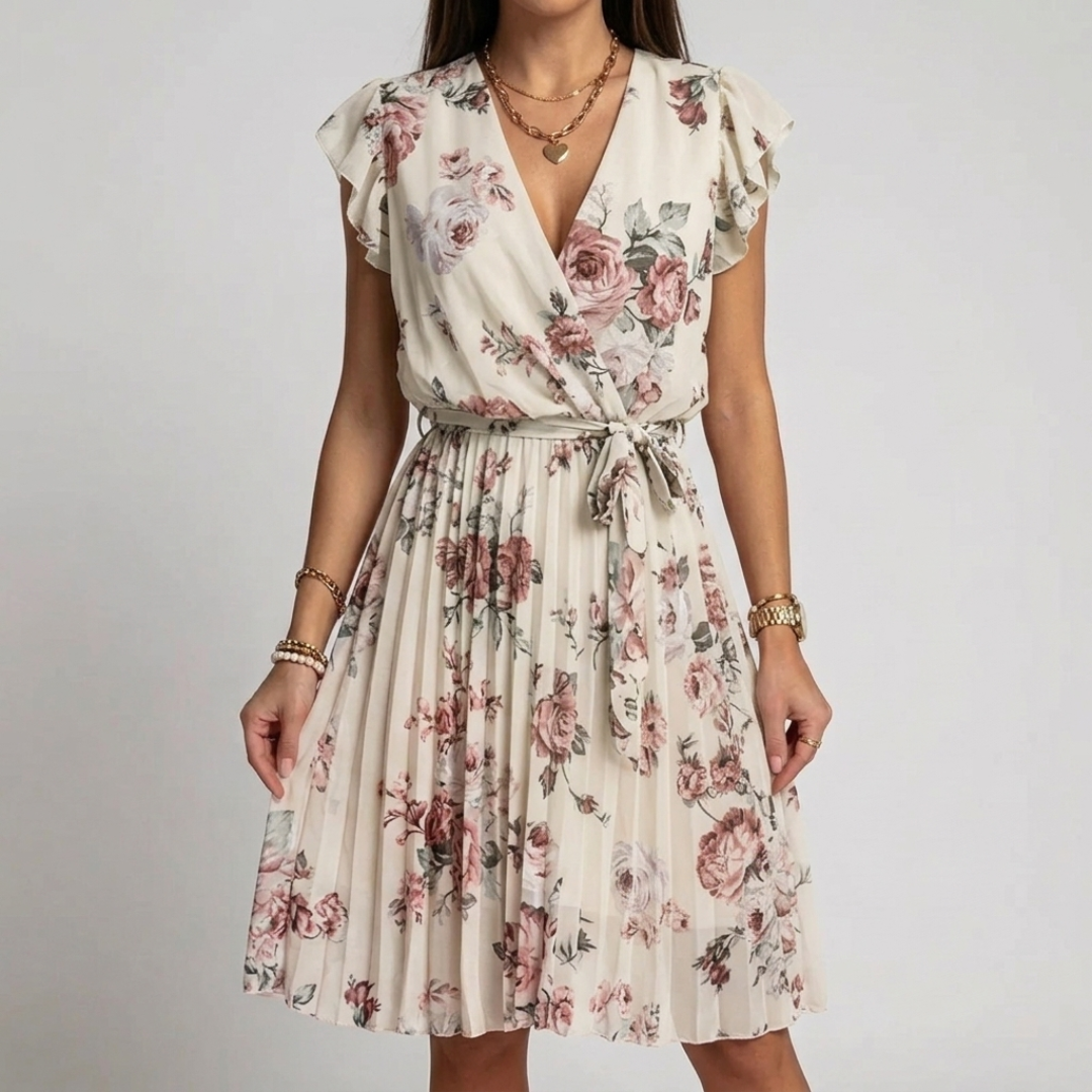 Robe midi fleurie coloris abricot avec imprimé floral et manches volantées