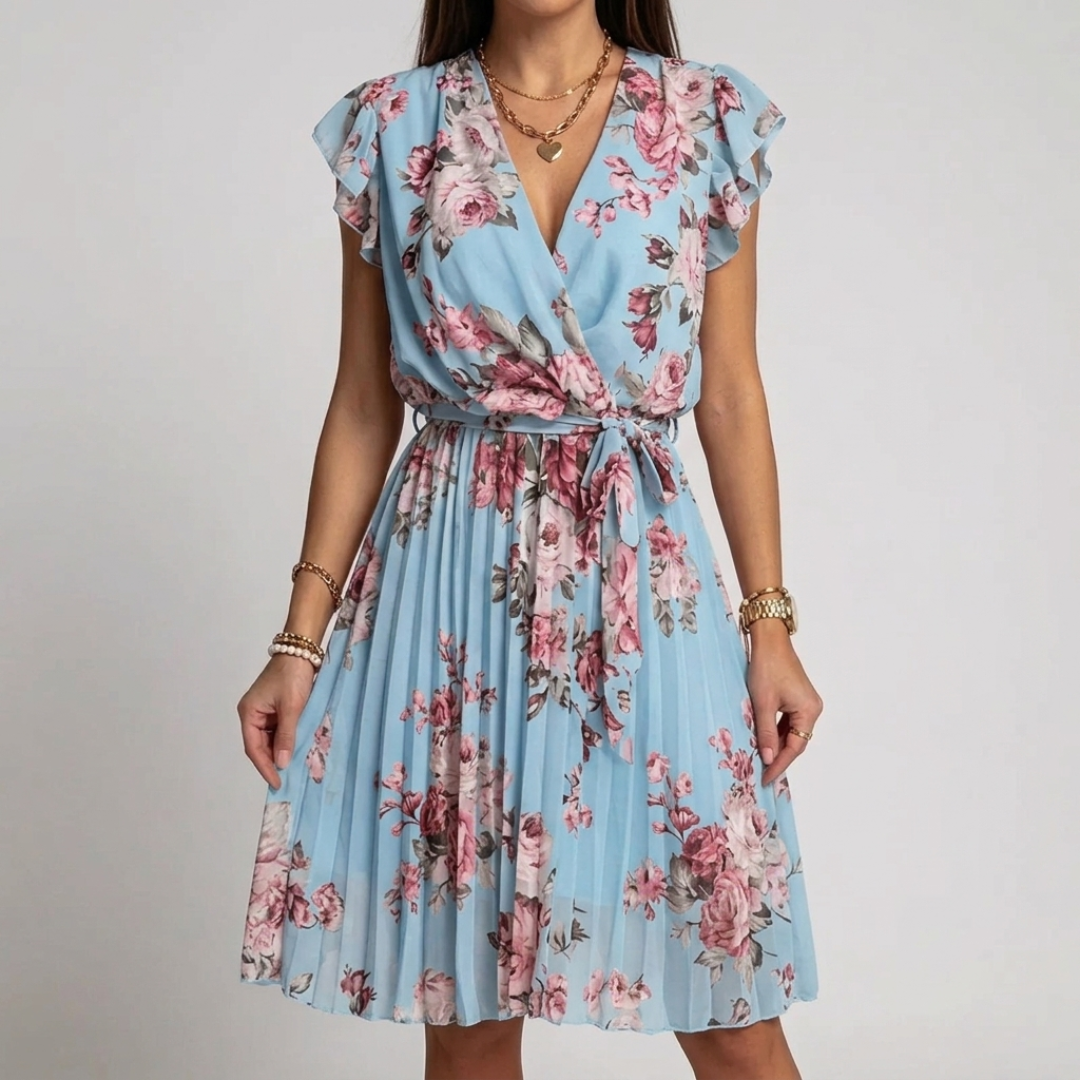 Robe midi fleurie coloris bleu, col cache-cœur et jupe plissée