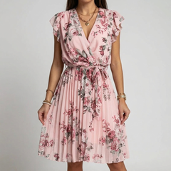 Robe midi fleurie rose col cache-cœur avec manches volantées, vue de face