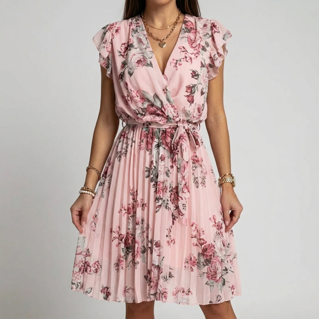 Robe midi fleurie rose col cache-cœur avec manches volantées, vue de face