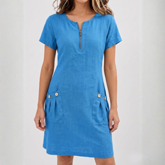 Robe midi femme bleu col V zippé, vue de face