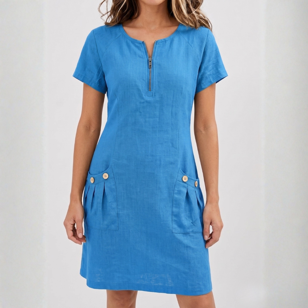 Robe midi femme bleu col V zippé, vue de face