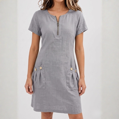 Robe midi femme gris col V zippé avec poches plaquées