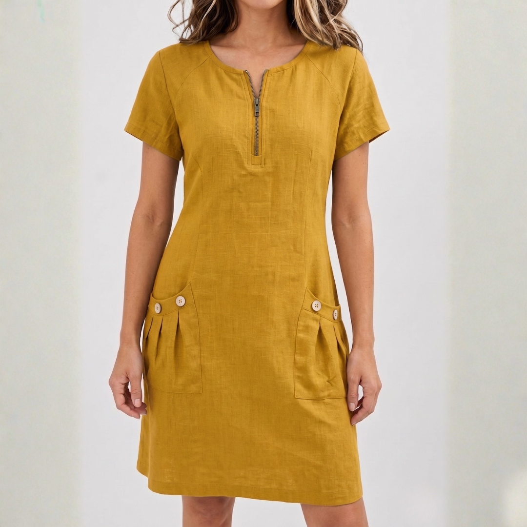 Robe midi femme jaune moutarde col V zippé et poches boutons