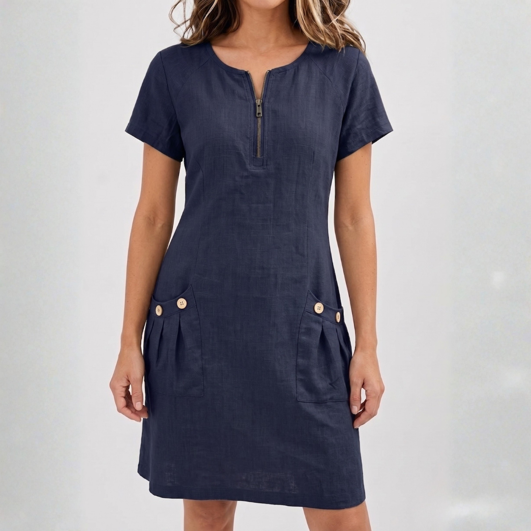 Robe midi femme bleu marine col V zippé et poches boutons
